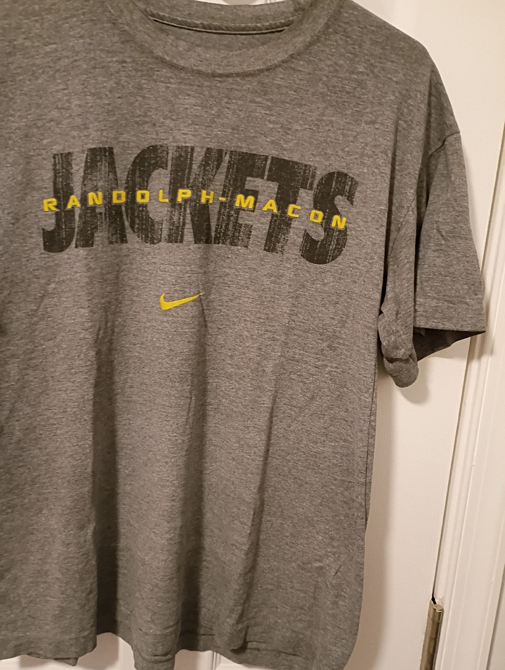 Nike Gray Randolph-Macon 'Jackets' Tee with Yellow Swoosh